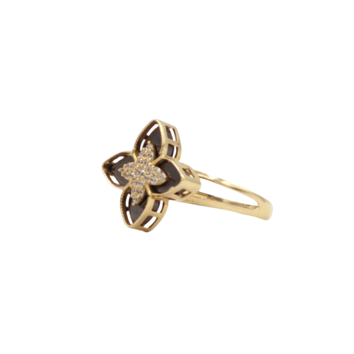 10K Solid Yellow Gold Black & CZ Four Leaf Clover Ring