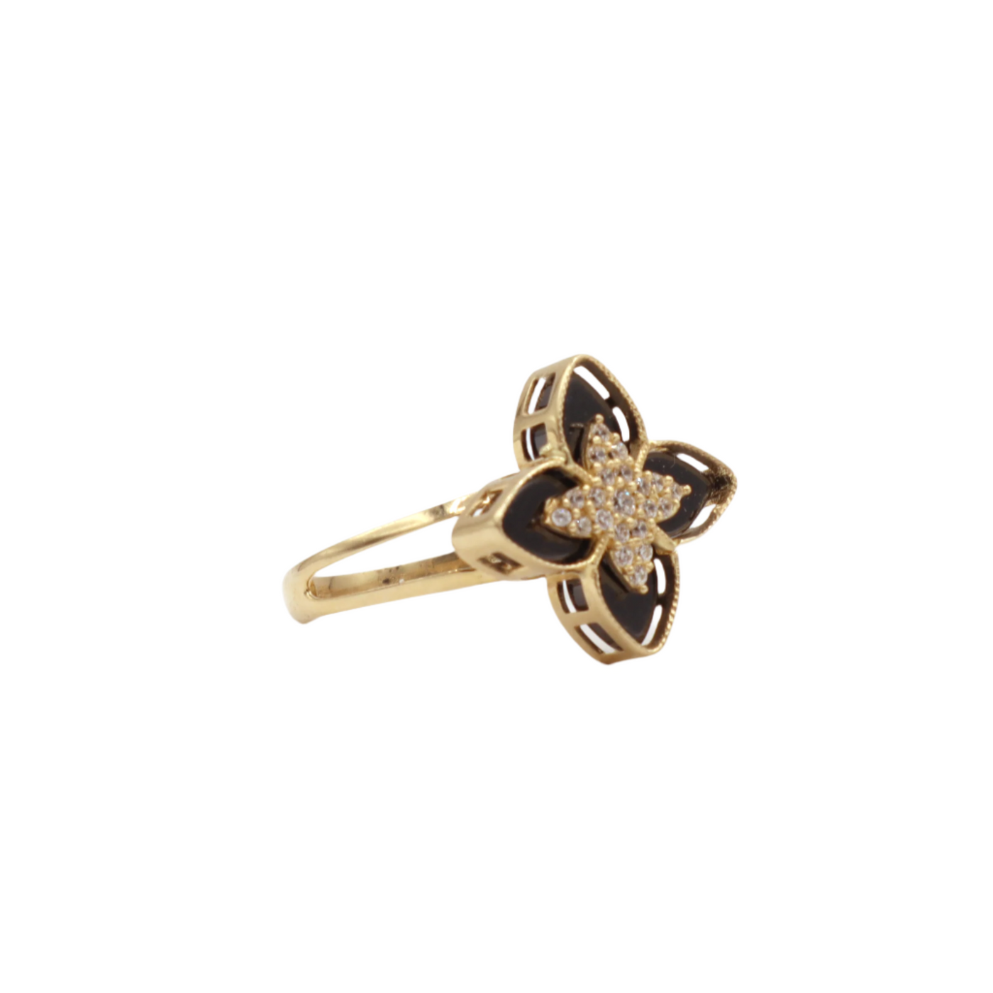 10K Solid Yellow Gold Black & CZ Four Leaf Clover Ring