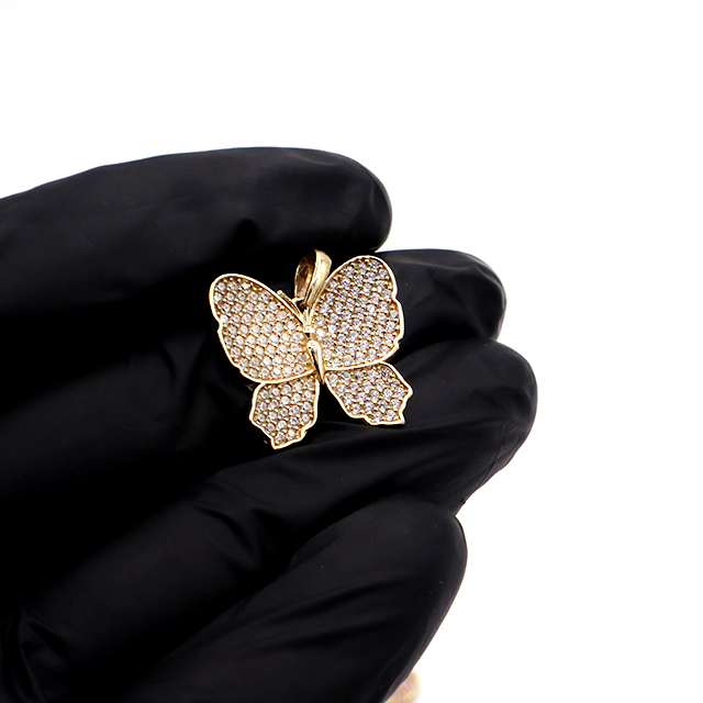 10K Solid Yellow Gold Butterfly Pendant (Clear & Pink CZ)