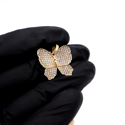 Butter Fly Charm Pendant 10K Real Yellow Gold with Clear and Pink Cubic Zirconia- STF DIAMONDS