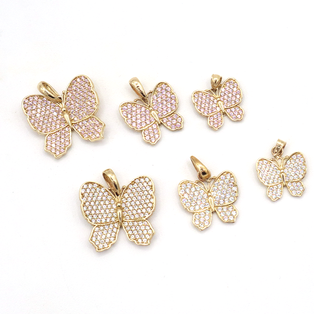 10K Solid Yellow Gold Butterfly Pendant (Clear & Pink CZ)