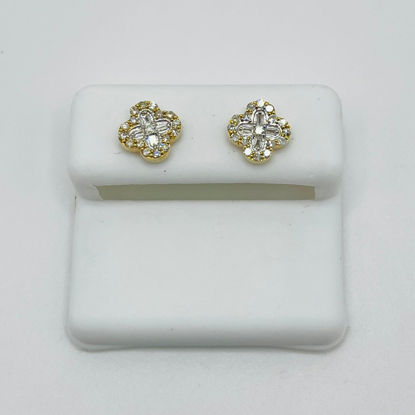 14K Gold Baguette Diamond Cross Clover Earrings 9mm