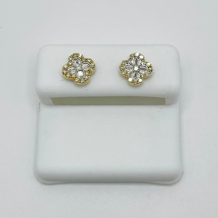 14K Gold Baguette Diamond Cross Clover Earrings 9mm