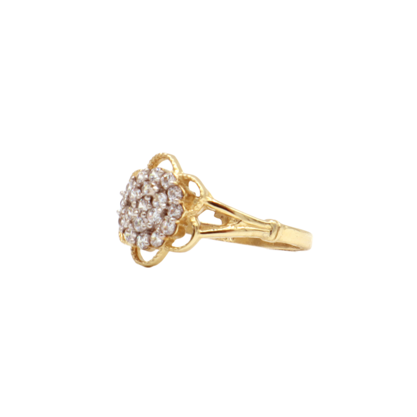 14K Solid Yellow Gold Three-Layer Round Flower CZ Ring