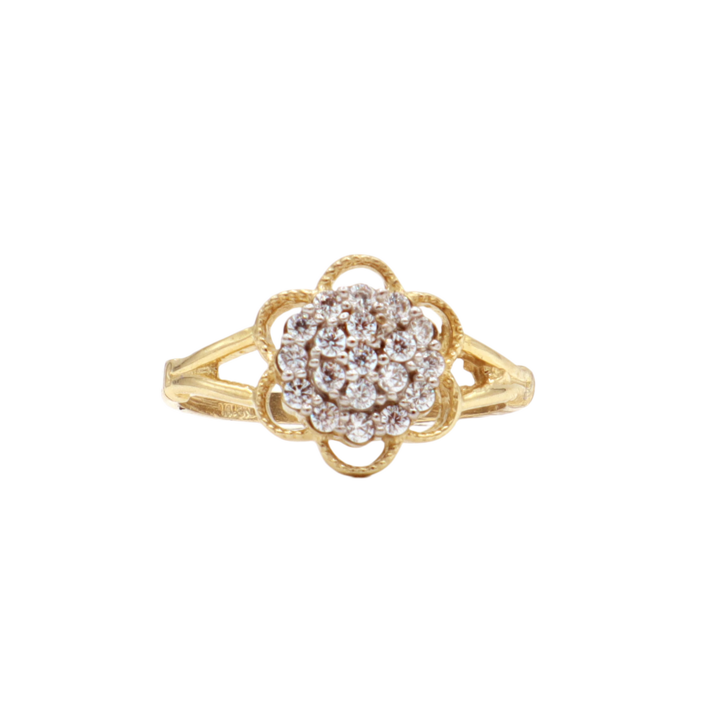 14K Solid Yellow Gold Three-Layer Round Flower CZ Ring
