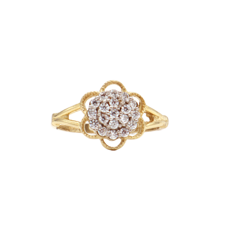 14K Solid Yellow Gold Three-Layer Round Flower CZ Ring