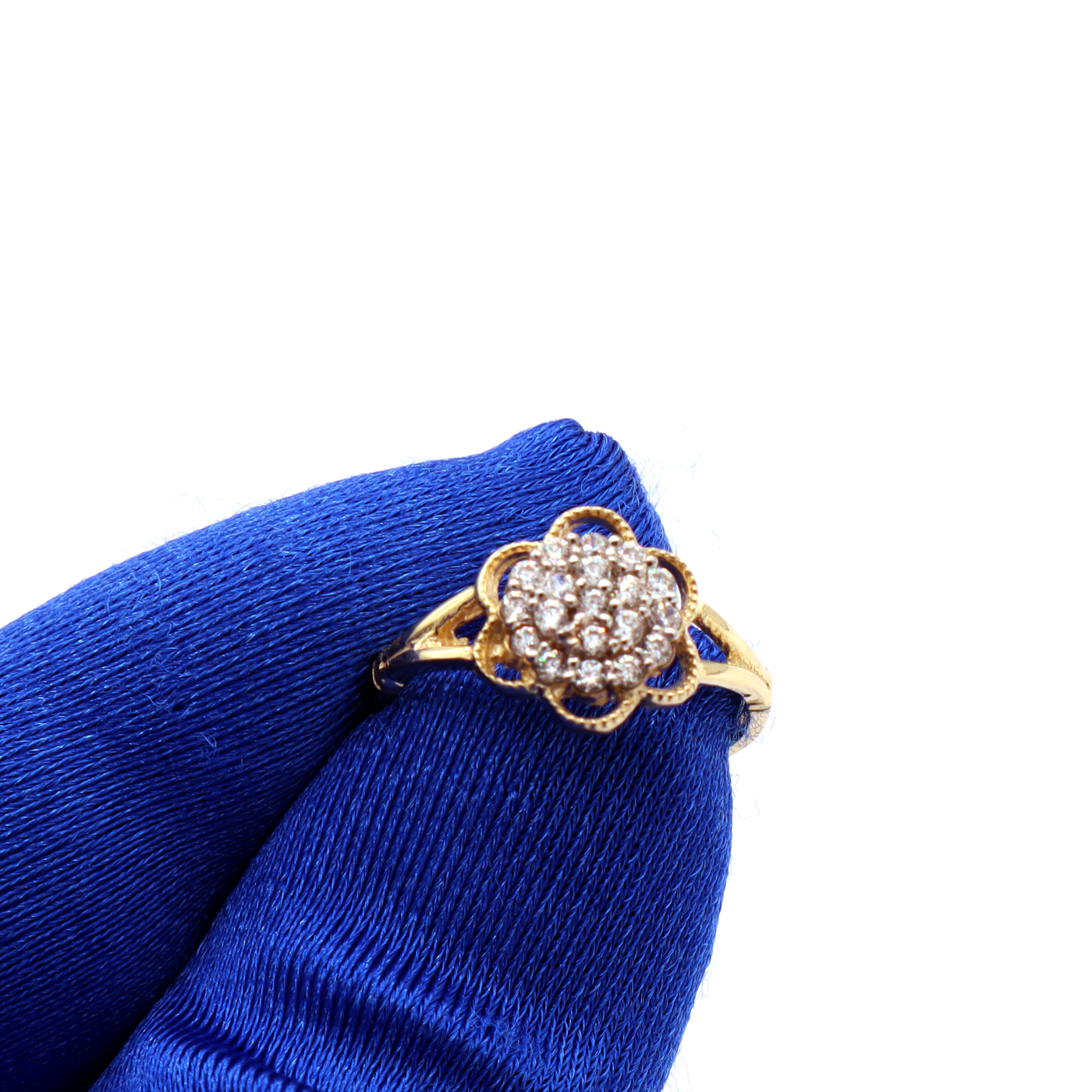14K Solid Yellow Gold Three-Layer Round Flower CZ Ring