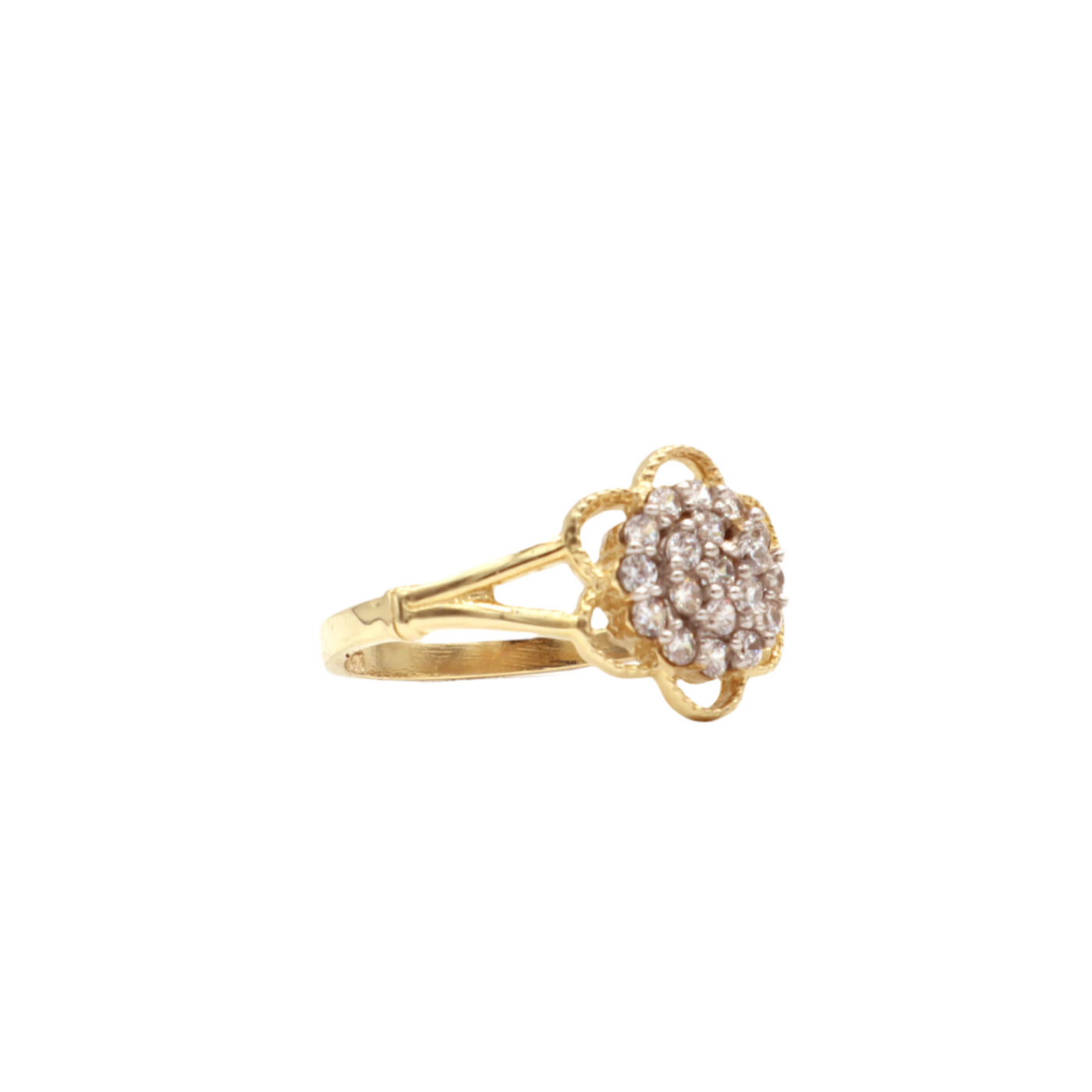 14K Solid Yellow Gold Three-Layer Round Flower CZ Ring