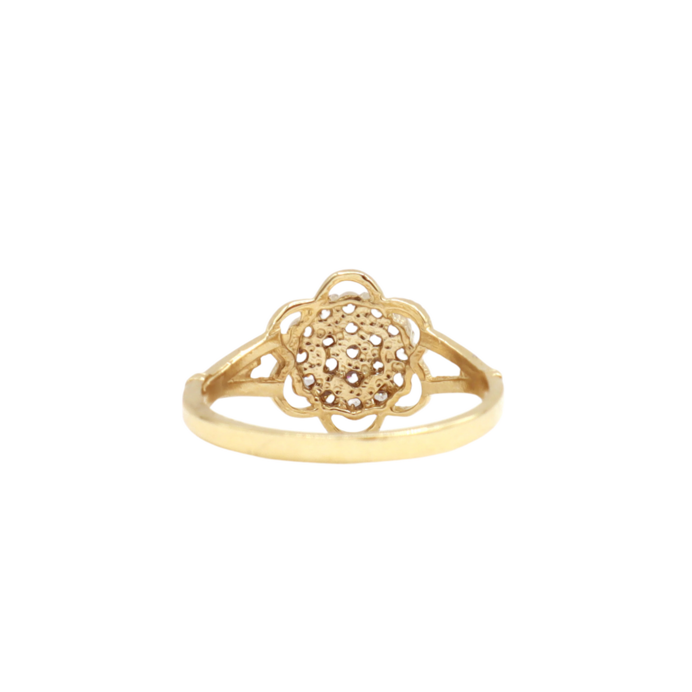 14K Solid Yellow Gold Three-Layer Round Flower CZ Ring