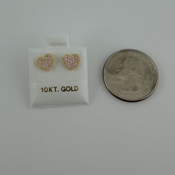 10K Yellow Gold Mini Pink Bead Heart CZ Earrings