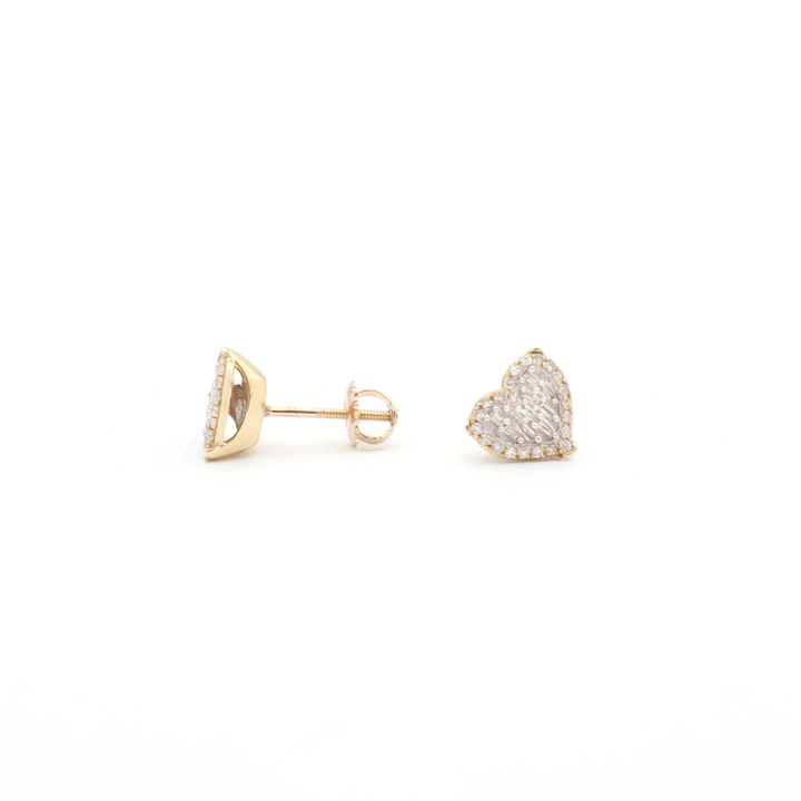 10K Solid Yellow Gold Emerald Diamond Heart Stud Earrings