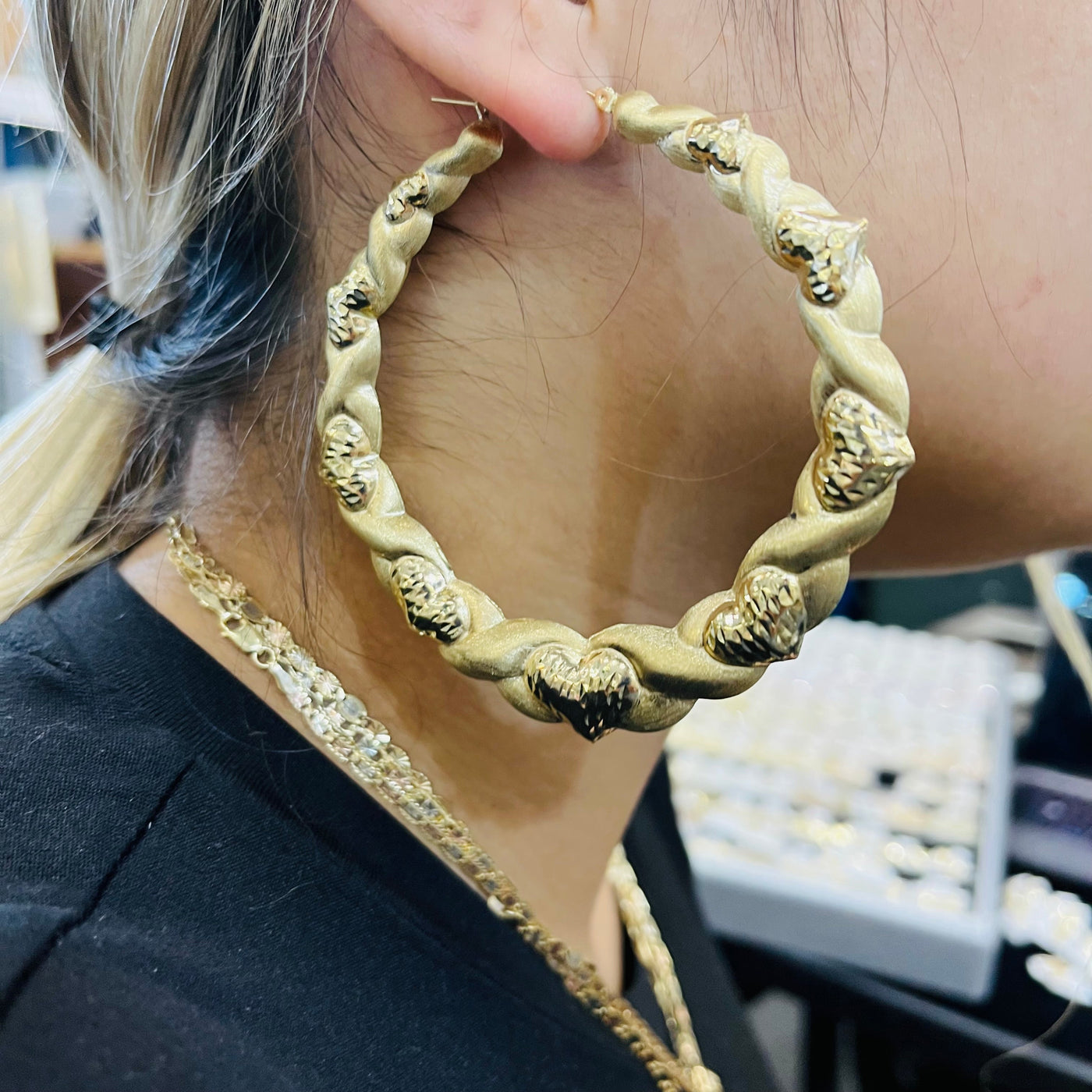10K Yellow Gold Heart XO Hoop Earrings 80mm