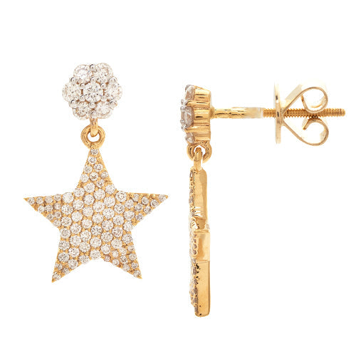14K Yellow Gold Diamond Dangling Star Earrings (Screwback)