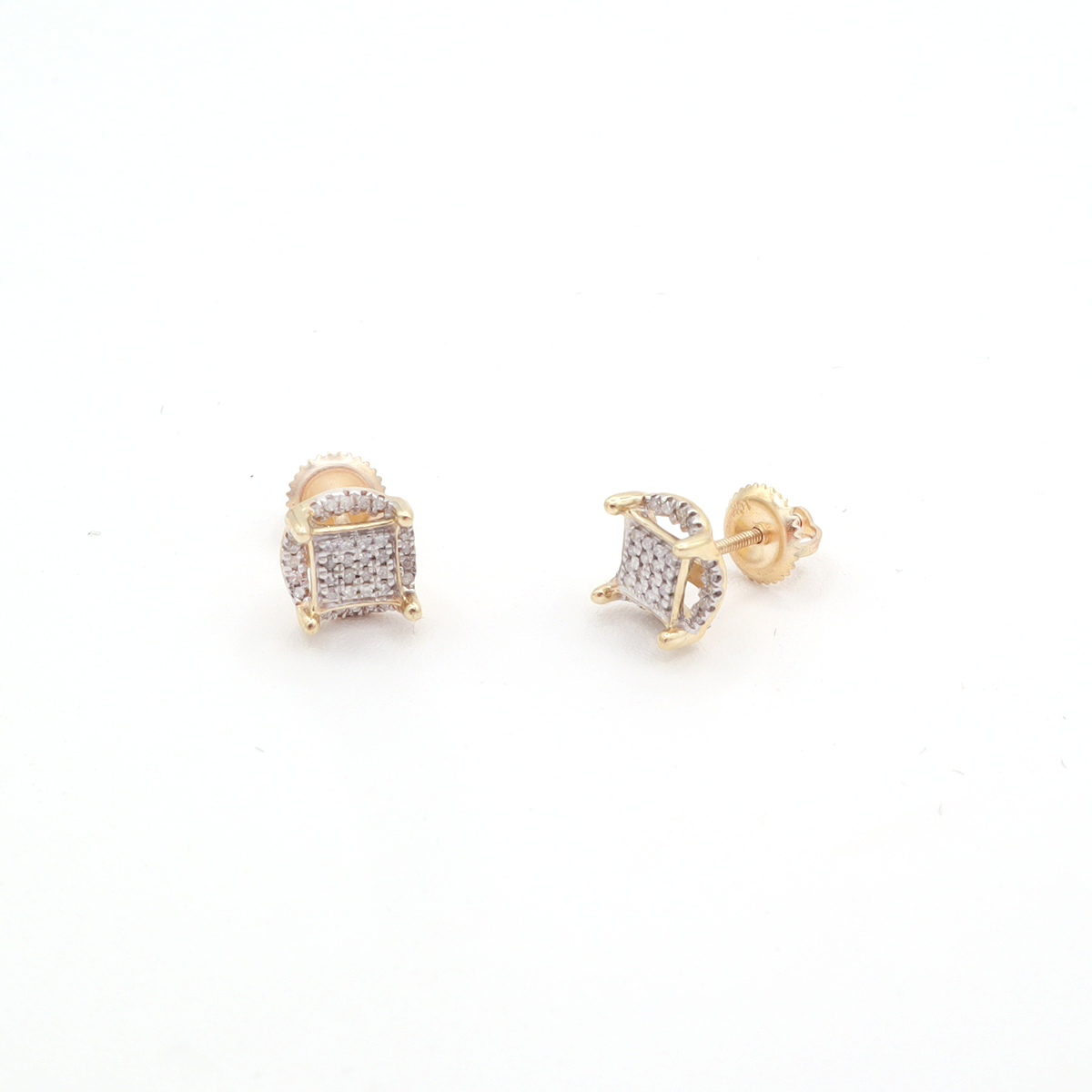 10K Solid Yellow Gold Square-in-Round Pave Diamond Stud Earrings