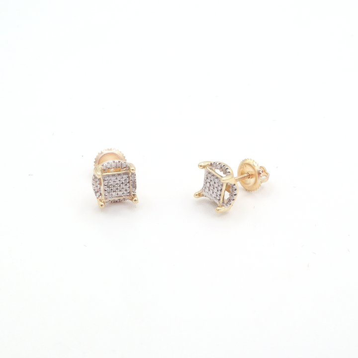 10K Solid Yellow Gold Square-in-Round Pave Diamond Stud Earrings