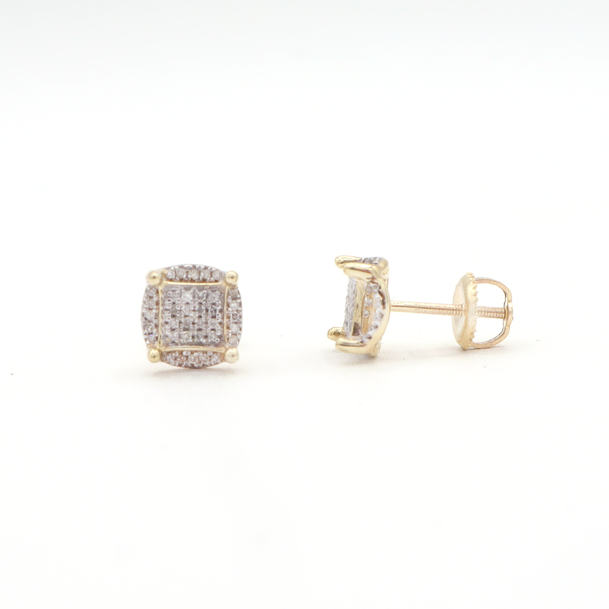 10K Solid Yellow Gold Square-in-Round Pave Diamond Stud Earrings