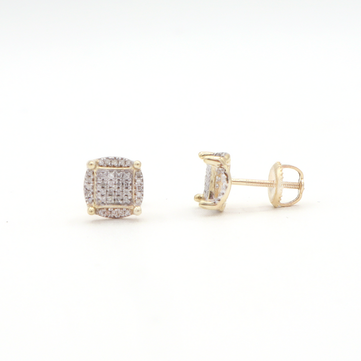 10K Solid Yellow Gold Square-in-Round Pave Diamond Stud Earrings