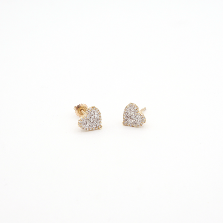 10K Solid Yellow Gold Emerald Diamond Heart Stud Earrings