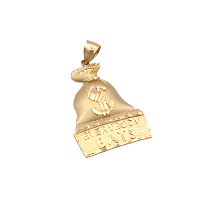 10K Solid Yellow Gold Everybody Eats Money Bag Pendant (Unpolished)