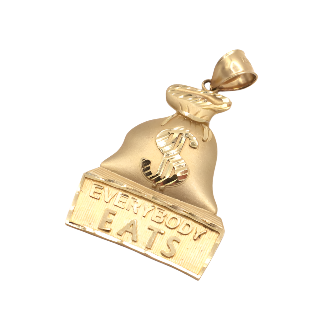 10K Solid Yellow Gold Everybody Eats Money Bag Pendant (Unpolished)