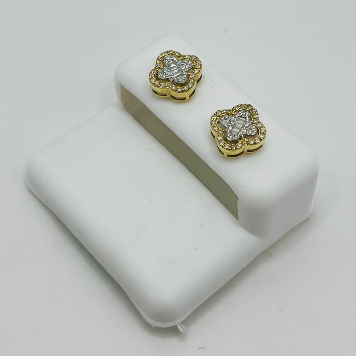 14K Gold Four Leaf Clover Baguette Diamond Earrings