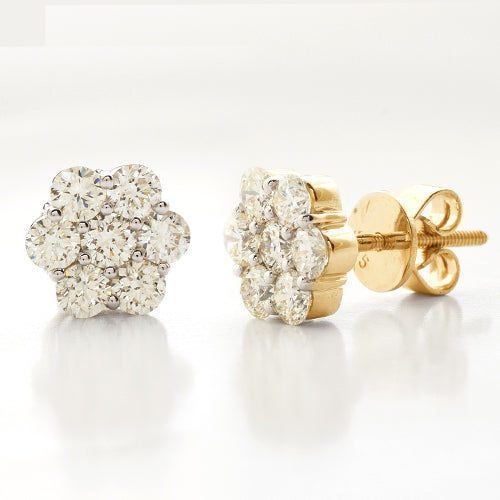 14K Gold 1.35 Ctw Diamond 7 Stone Flower Earrings