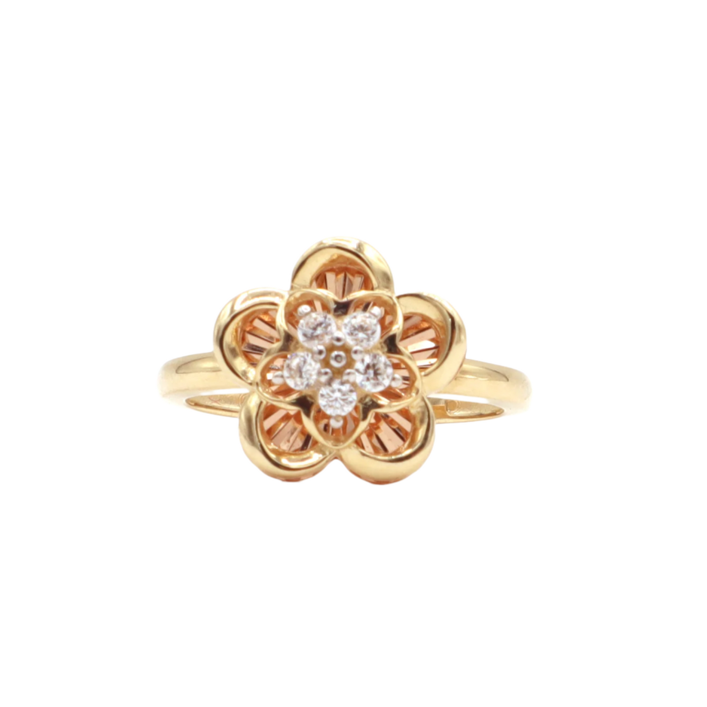 10K Solid Rose Gold Five-Leaf Flower CZ Ring (Yellow & Rose Gold)