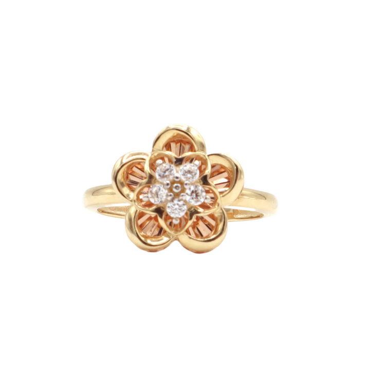 10K Solid Rose Gold Five-Leaf Flower CZ Ring (Yellow & Rose Gold)