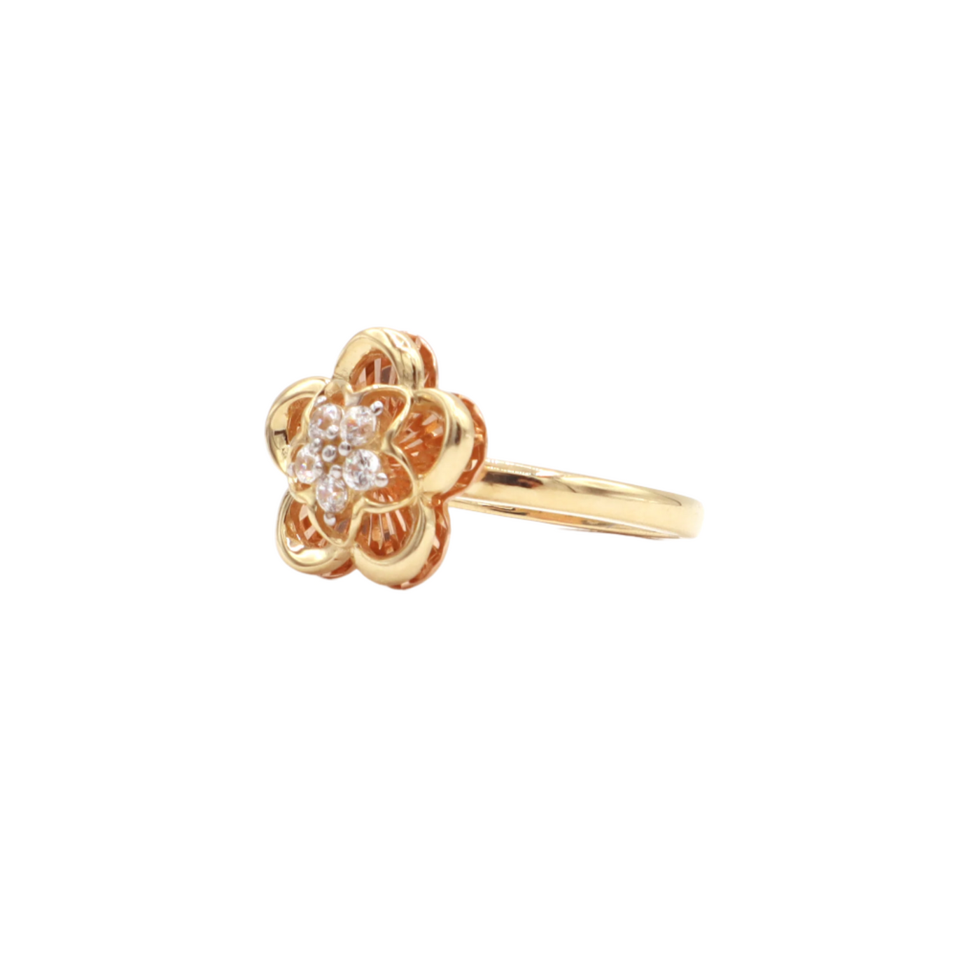 10K Solid Rose Gold Five-Leaf Flower CZ Ring (Yellow & Rose Gold)