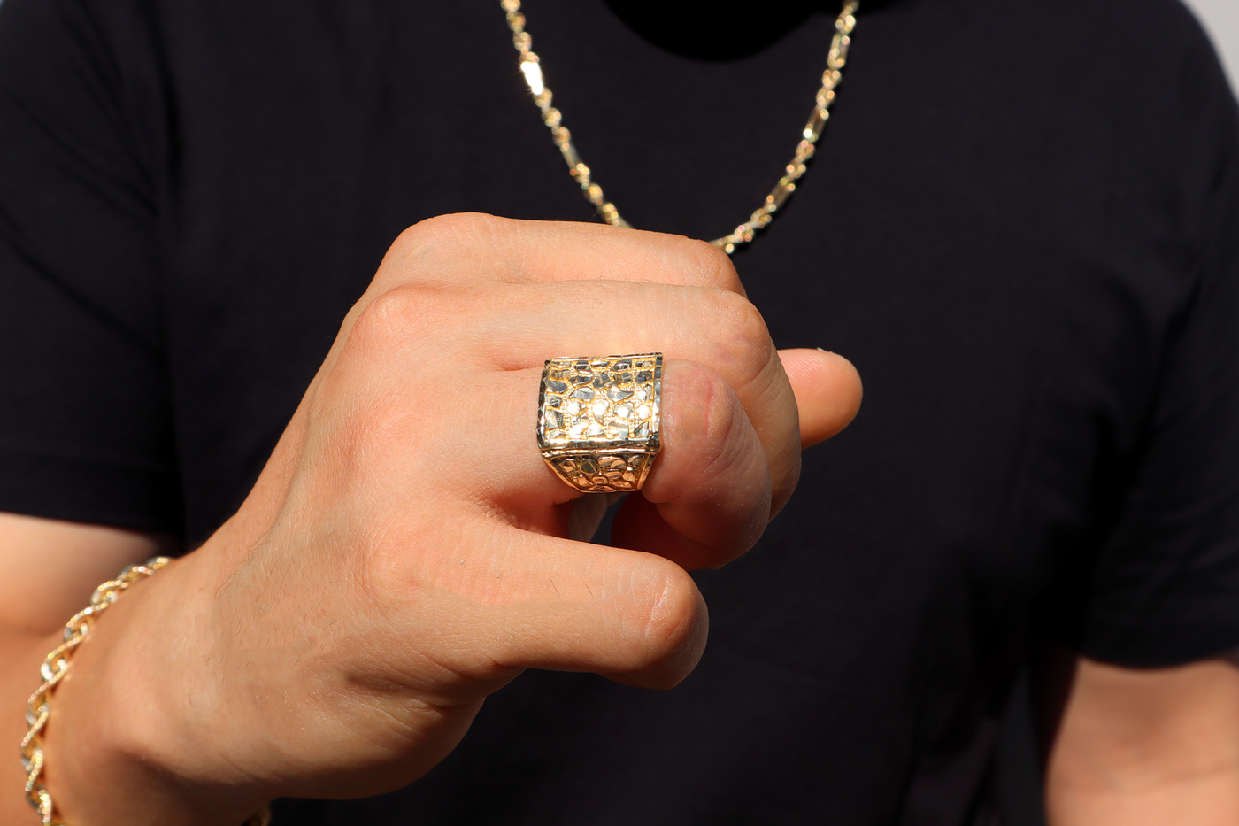 10K Solid Yellow Gold Flat Nugget Men's Ring (King's Treasure)