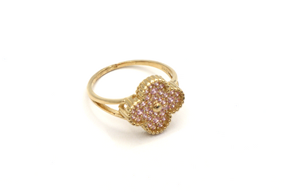 Four Leaf Lucky Clover CZ Women's Ring -10K yellow Gold-CZ Cubic Zirconia Pink White | STF DIAMONDS JEWELRY