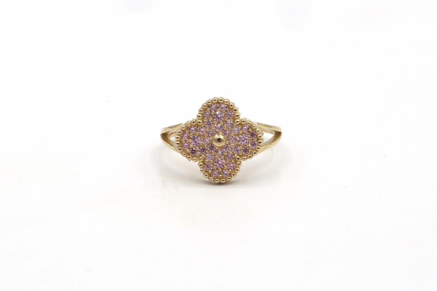 10K Solid Yellow Gold Four Leaf Clover CZ Ring (Pink & White)