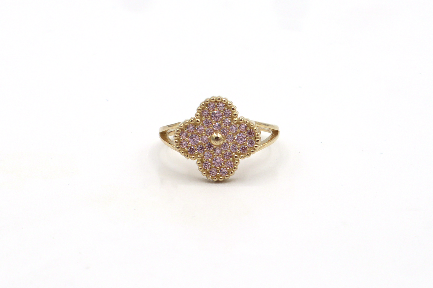 Four Leaf Lucky Clover CZ Women's Ring -10K yellow Gold-CZ Cubic Zirconia Pink White | STF DIAMONDS JEWELRY