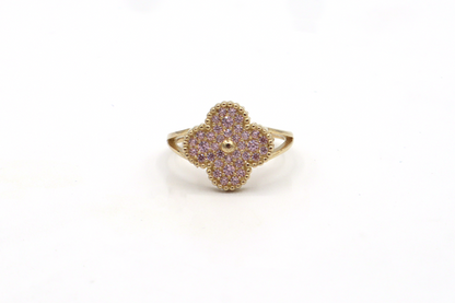 Four Leaf Lucky Clover CZ Women's Ring -10K yellow Gold-CZ Cubic Zirconia Pink White | STF DIAMONDS JEWELRY