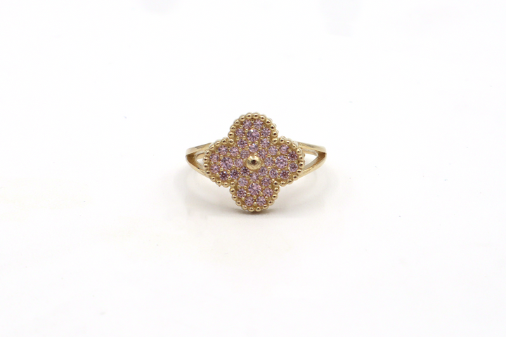 10K Solid Yellow Gold Four Leaf Clover CZ Ring (Pink & White)