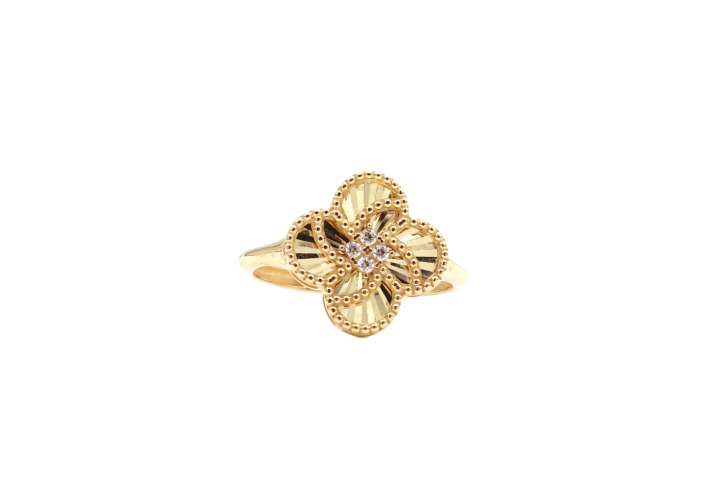 10K Solid Yellow Gold Four Leaf Clover CZ Ring
