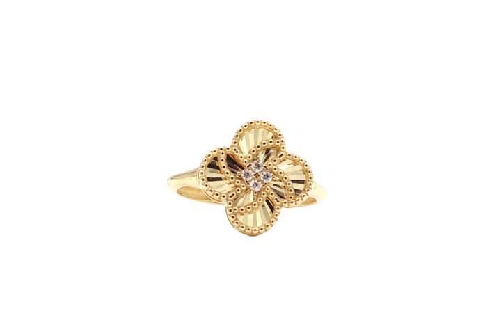 10K Solid Yellow Gold Four Leaf Clover CZ Ring