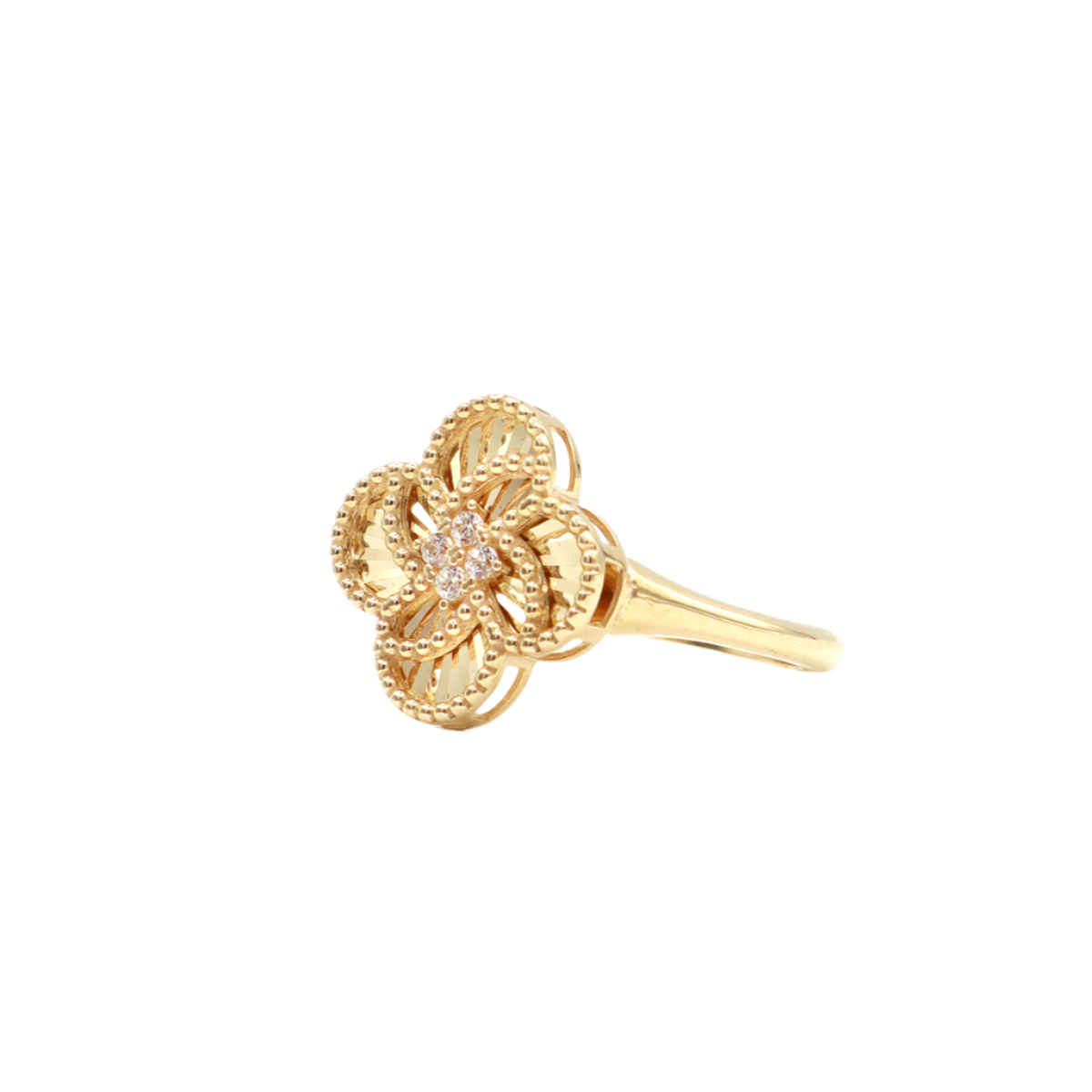 10K Solid Yellow Gold Four Leaf Clover CZ Ring