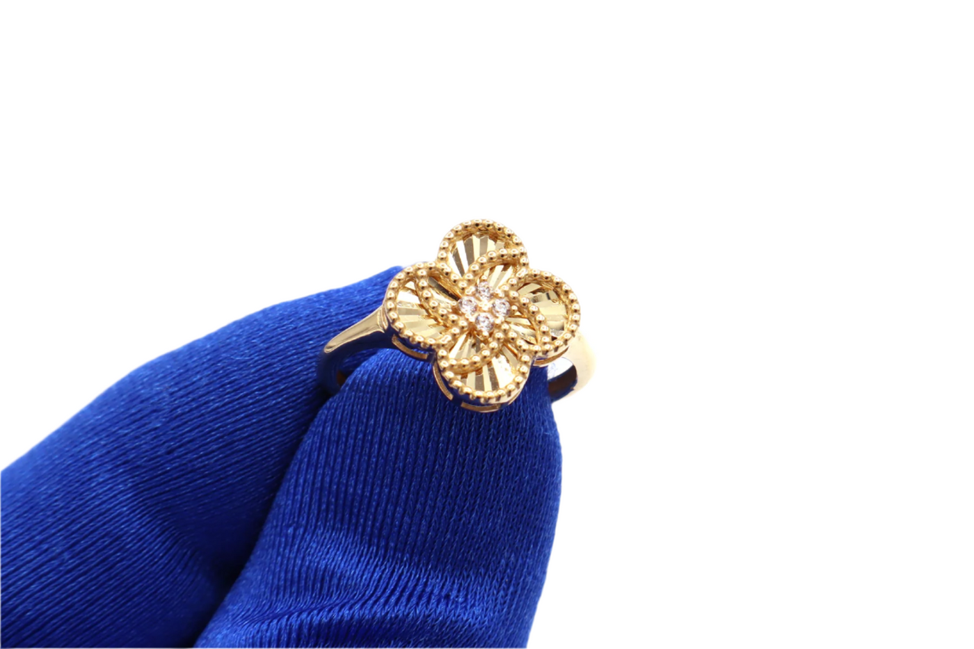 10K Solid Yellow Gold Four Leaf Clover CZ Ring