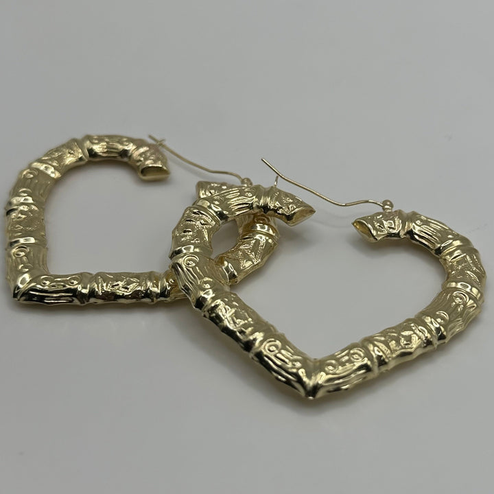 10K Yellow Gold 2.5" Bamboo Heart Hoop Earrings (2.5 inch)