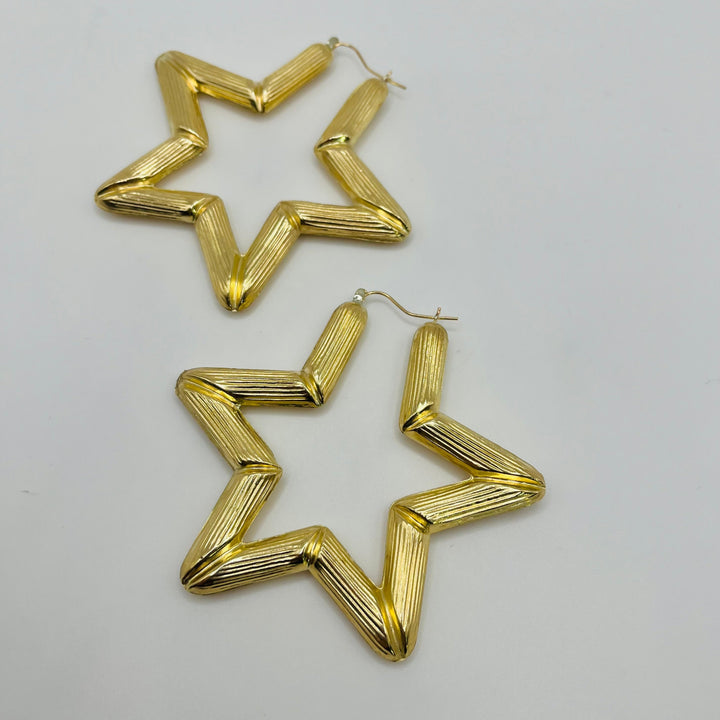 10K Yellow Gold Star Bamboo Earrings (Xl, 3")