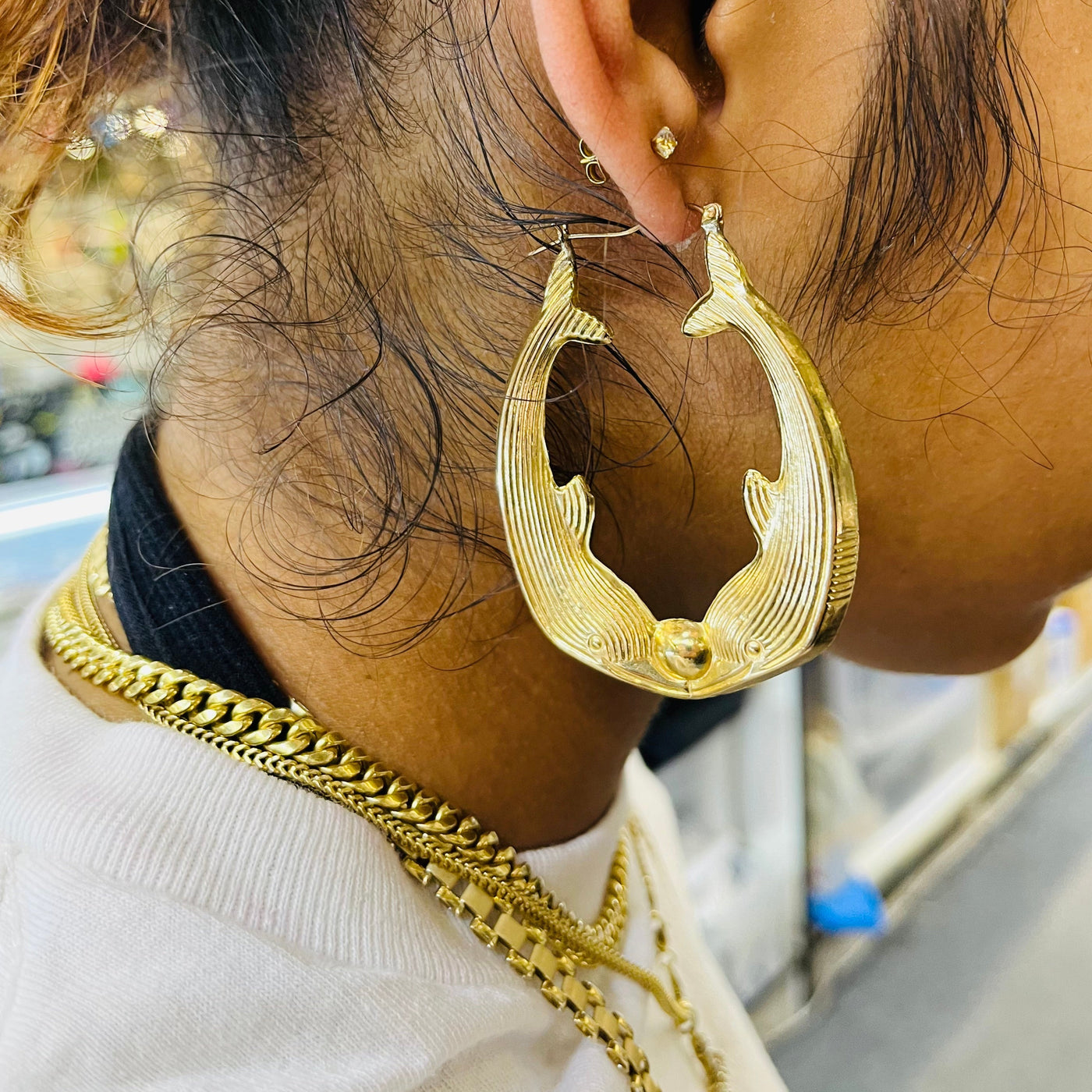 10K Yellow Gold Whale Hoop Earrings (large)