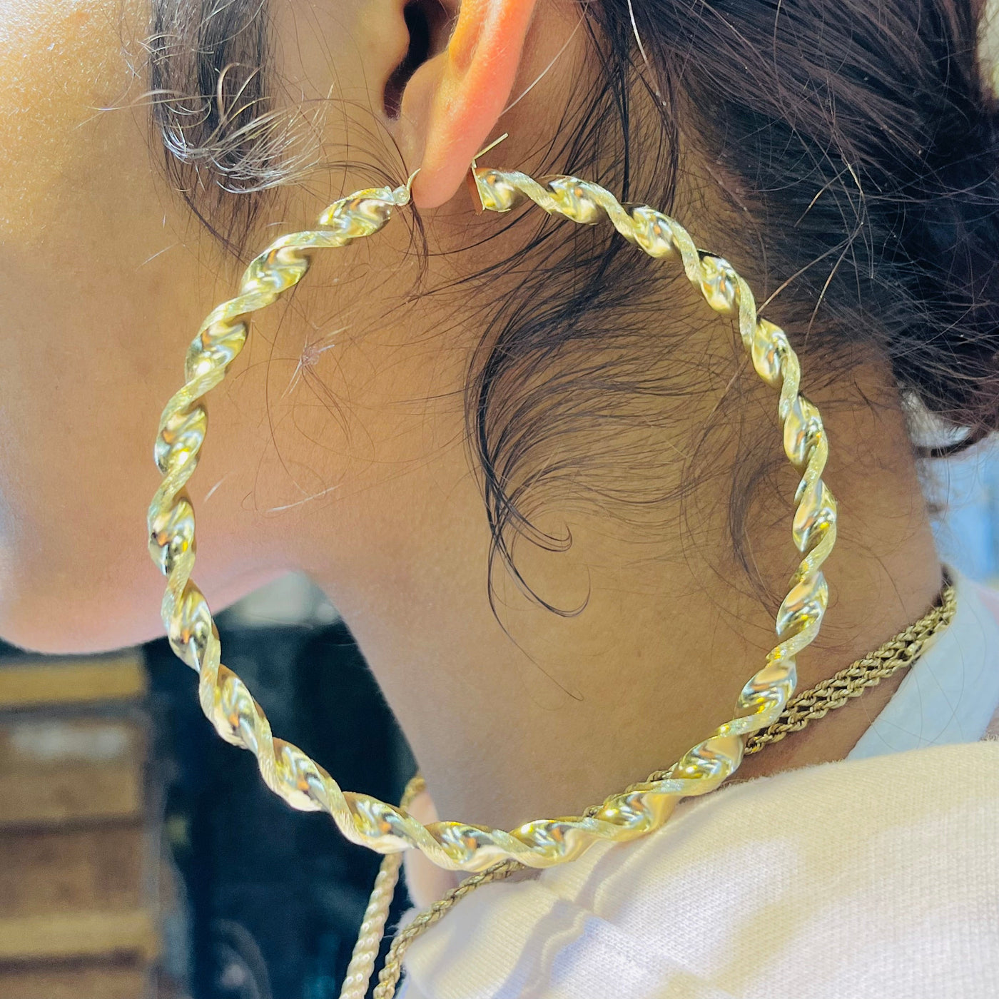 10K Yellow Gold Matte Cut Twist Hoops (3.5")