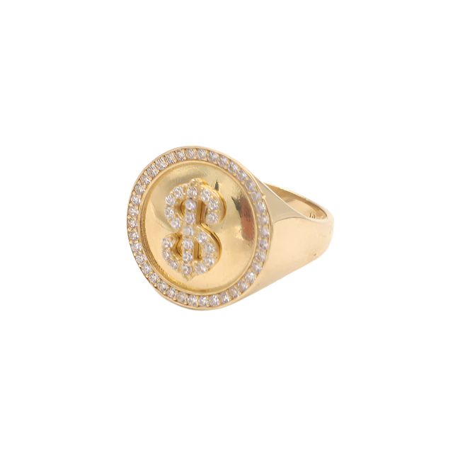 10K Solid Yellow Gold Money Sign CZ Ring