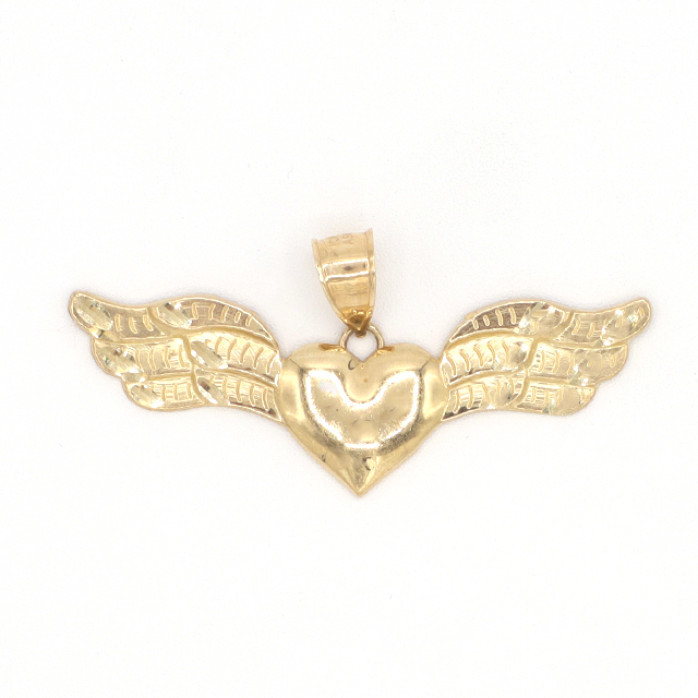 10K Solid Yellow Gold Diamond-Cut Heart with Angel Wings Charm