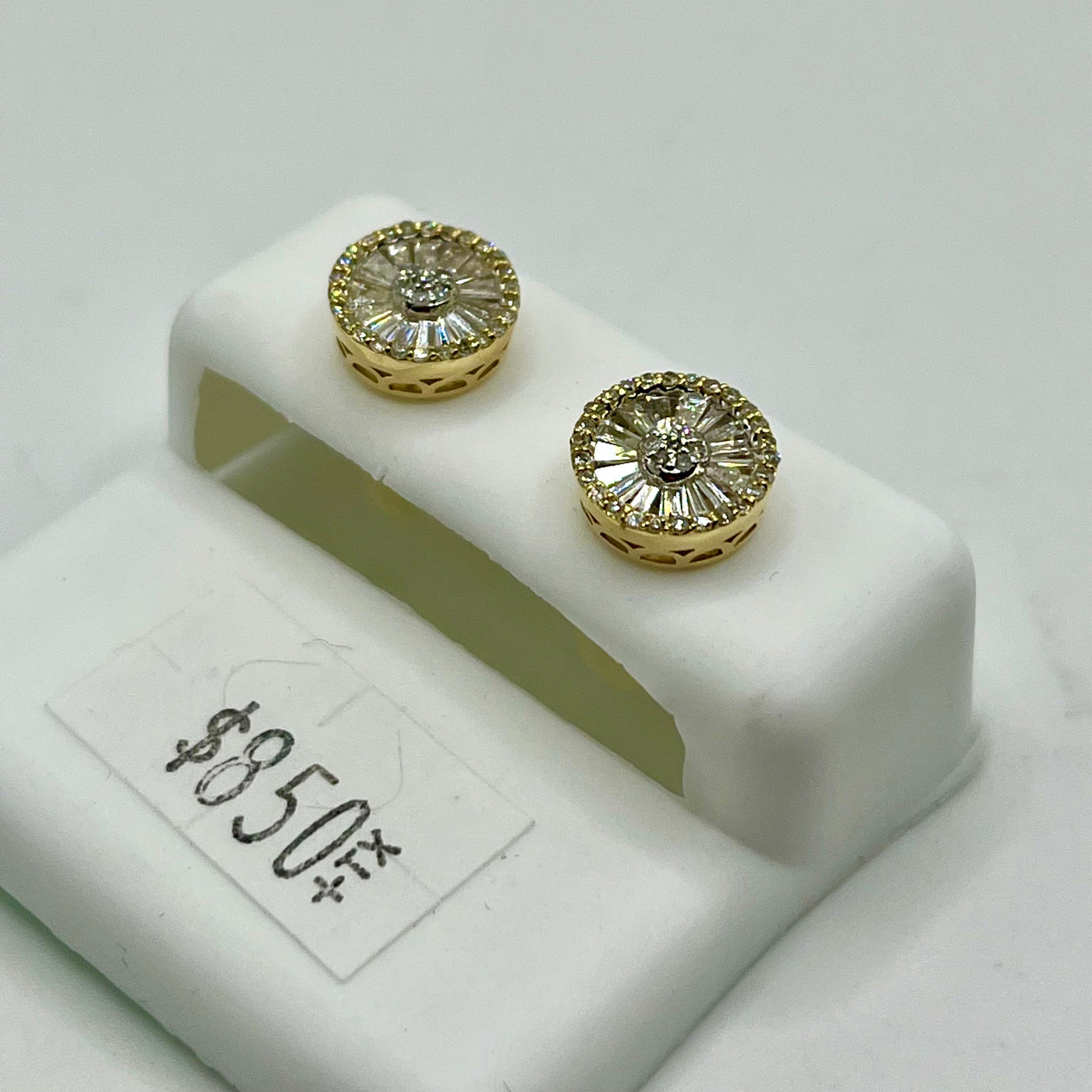 14K Yellow Gold Natural Diamond Halo Baguette Earrings (Screwbacks)