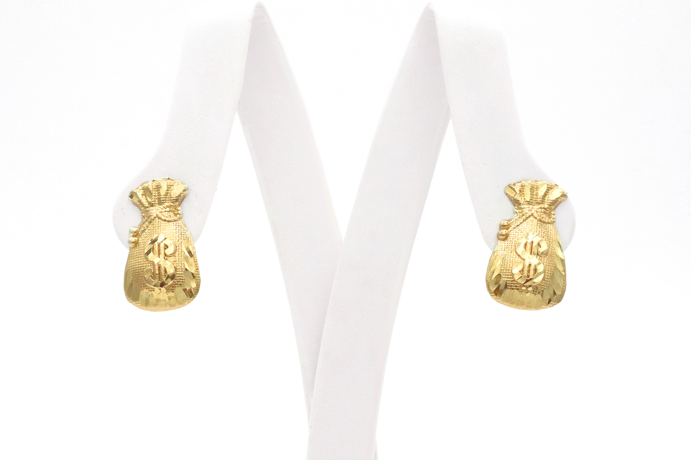 10K Solid Gold Money Bag Dollar Sign Stud Earrings