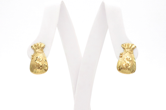 10K Real Gold Lucky Money Bag with Dollar sign Stud Earrings - STF Diamonds