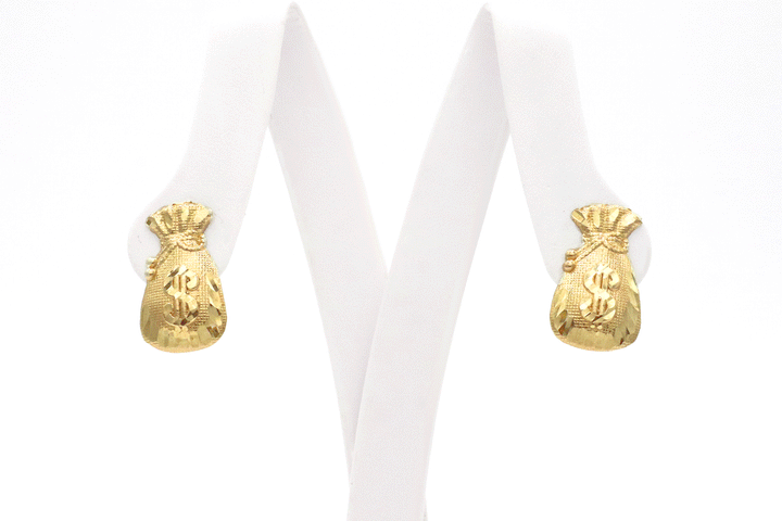 10K Solid Gold Money Bag Dollar Sign Stud Earrings