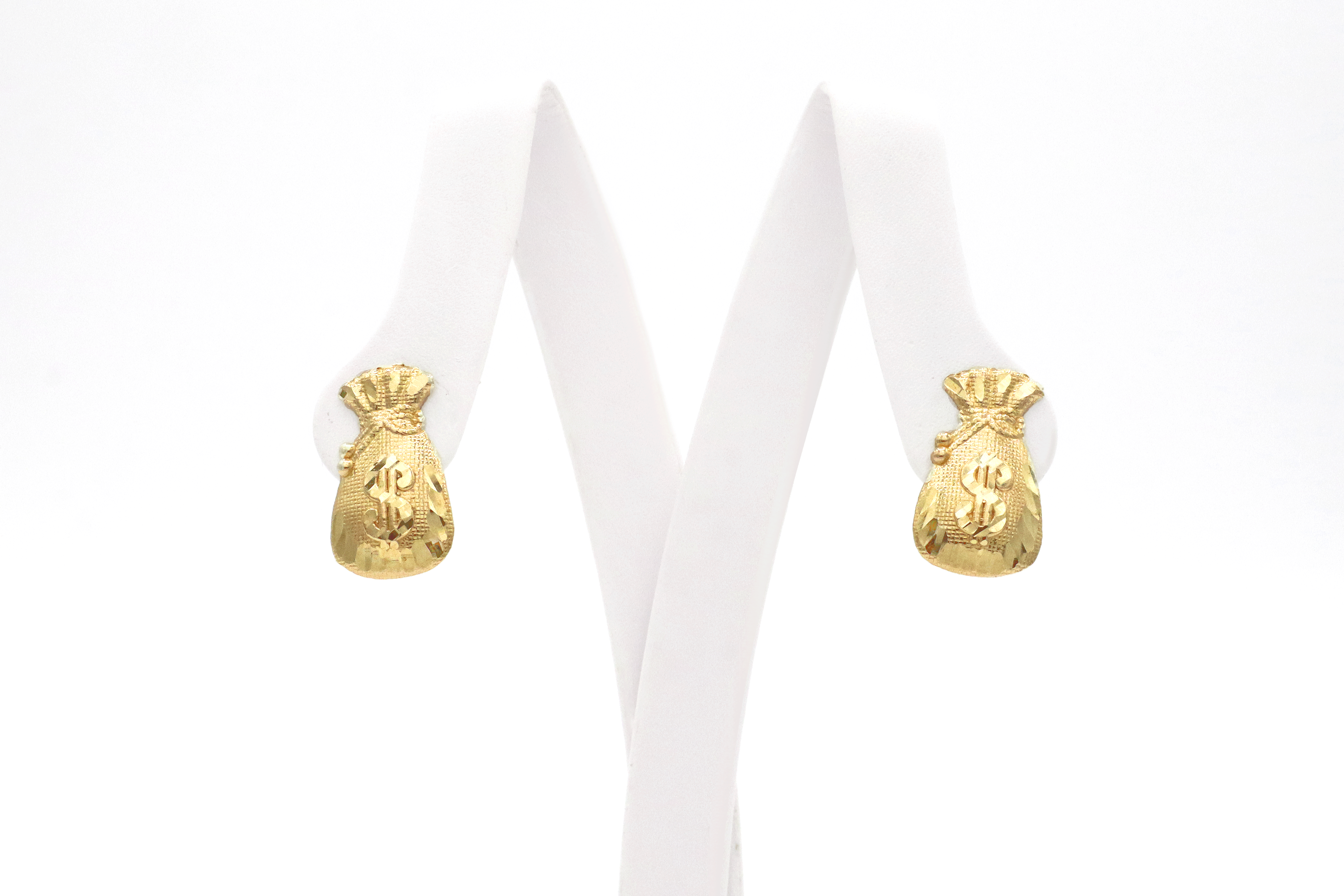 10K Real Gold Lucky Money Bag with Dollar sign Stud Earrings - STF Diamonds